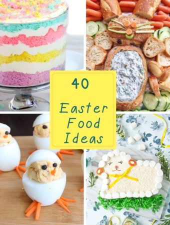 4 photo collage of Easter dinner ideas with chick deviled eggs, Easter trifle, bunny spinach dip and lamb cake
