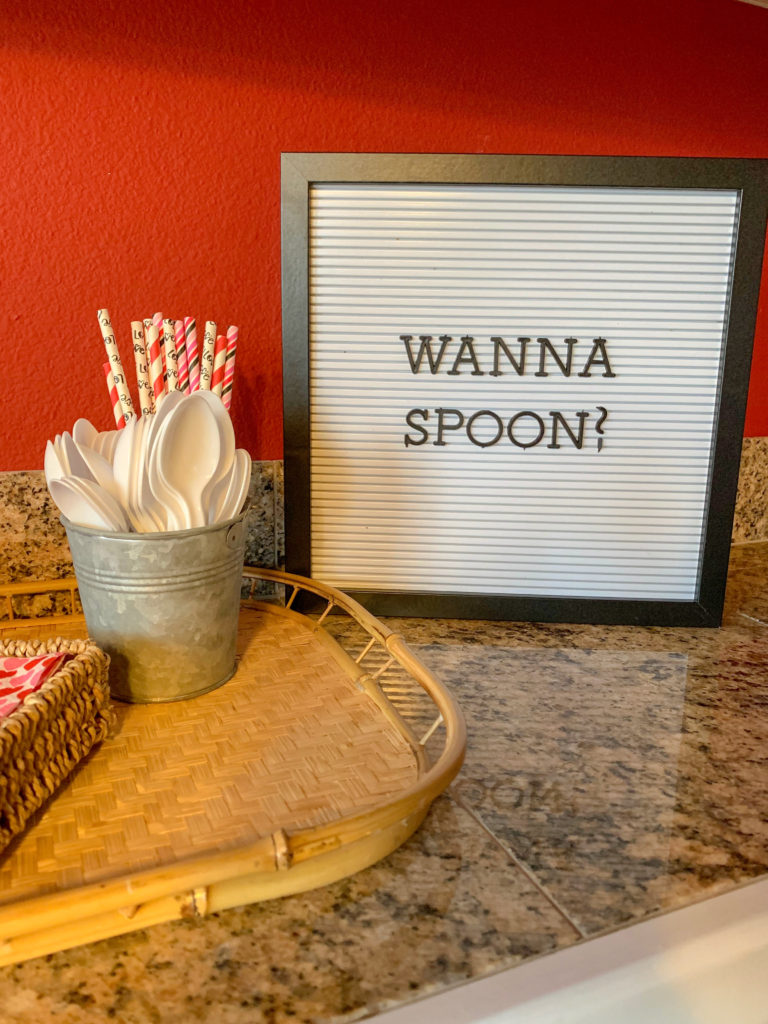 Wanna Spoon sign with can of spoons for funny Valentines quotes display
