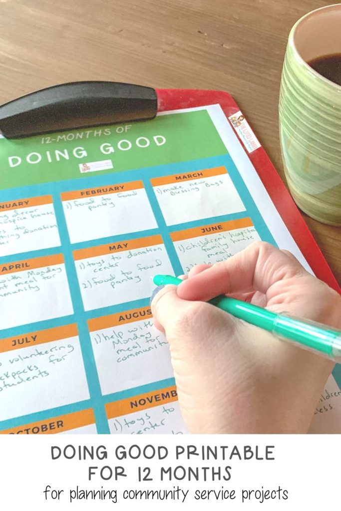 woman write Do Good plans on a goal planner with green mug of coffee