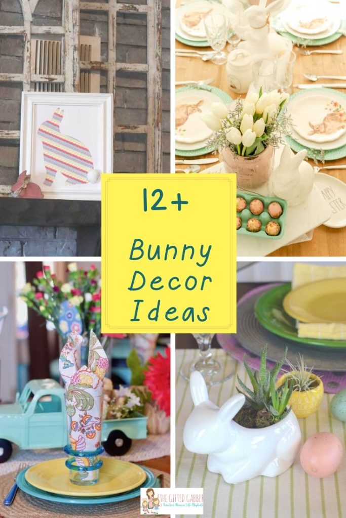4 image collage with mantle bunny decor ideas and bunny decor for table 