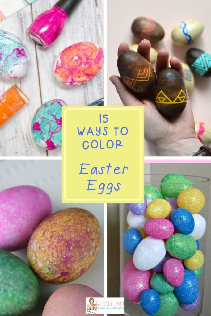 collage image of four photos showing different ways of coloring Easter Eggs