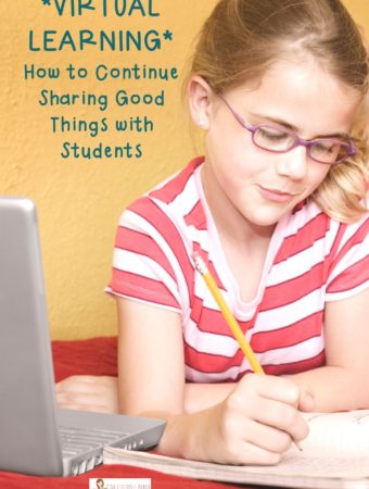 little girl works on virtual learning assignments with text overlay