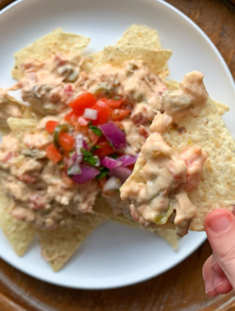 child reaches for chip with green chile queso dip with pulled pork and pico de gallo