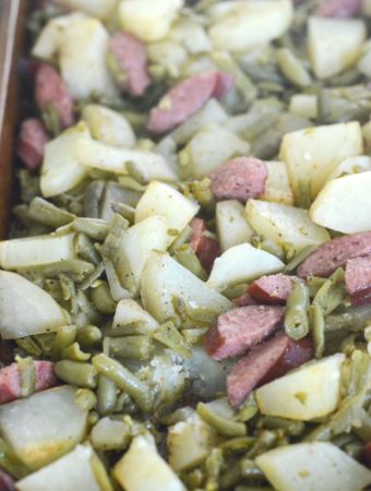roasted sausage potato green beans casserole on sheet pan