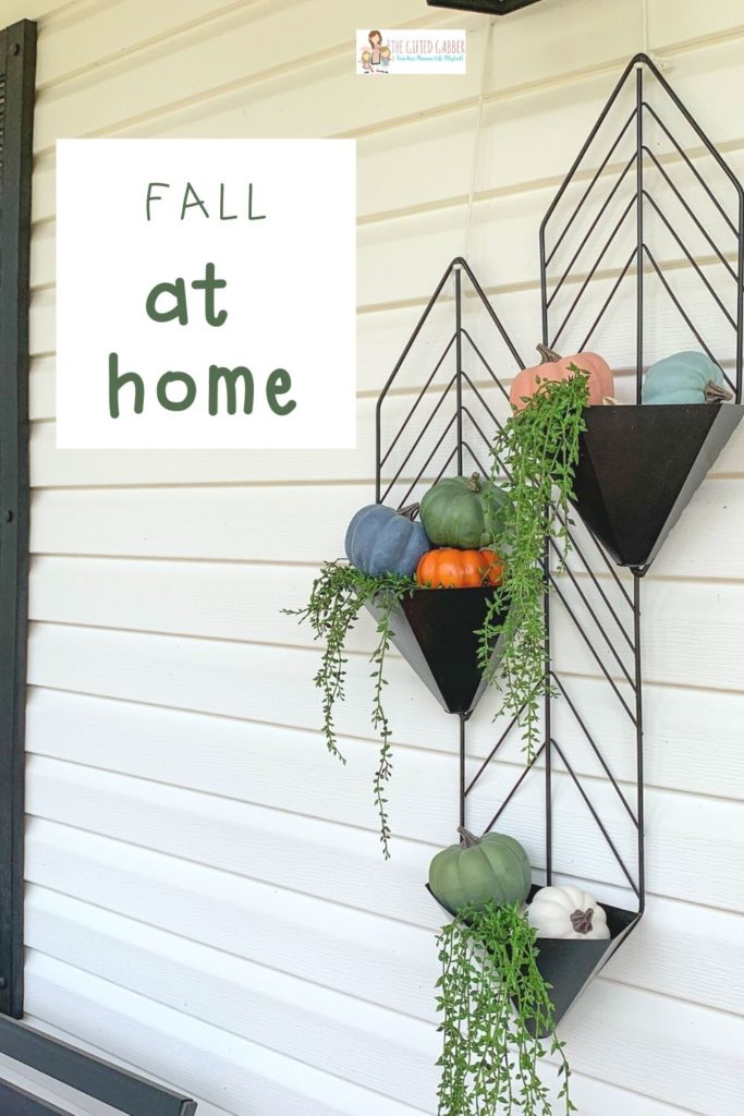 pumpkins and greenery hang in a black boho planter on front porch as part of autumn decorations