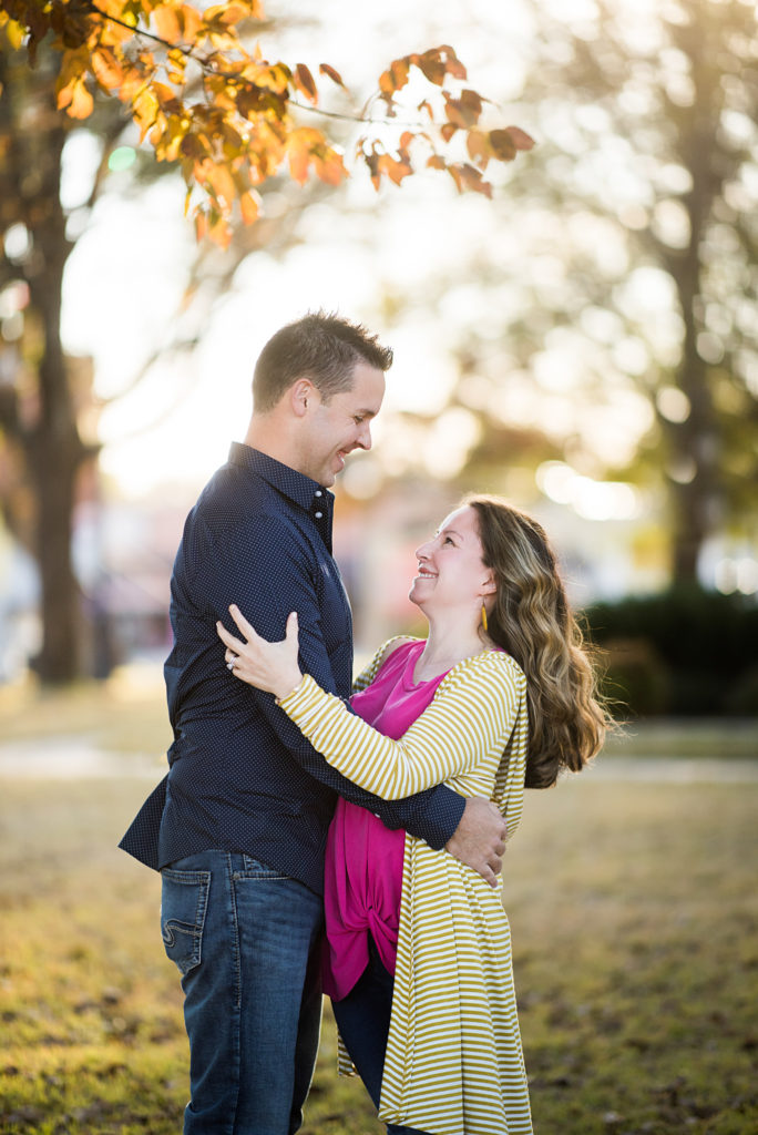 couple embracing in downtown Benton, Arkansas