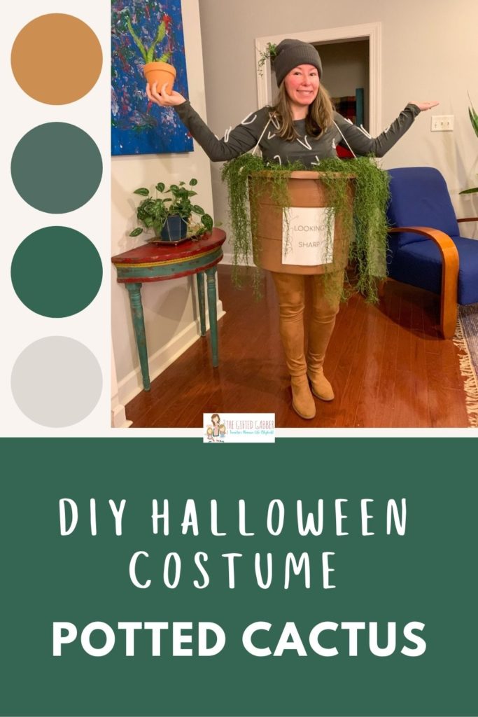 a woman stands with a DIY potted cactus Halloween costume with text overlay