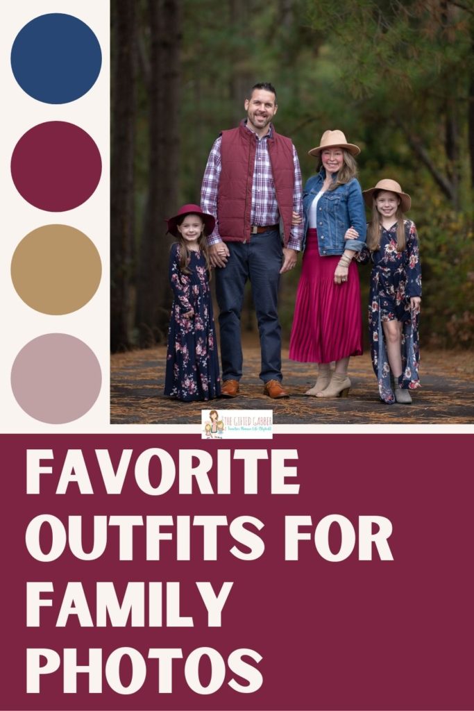 family in burgundy and blue outfits for family photos with text overlay