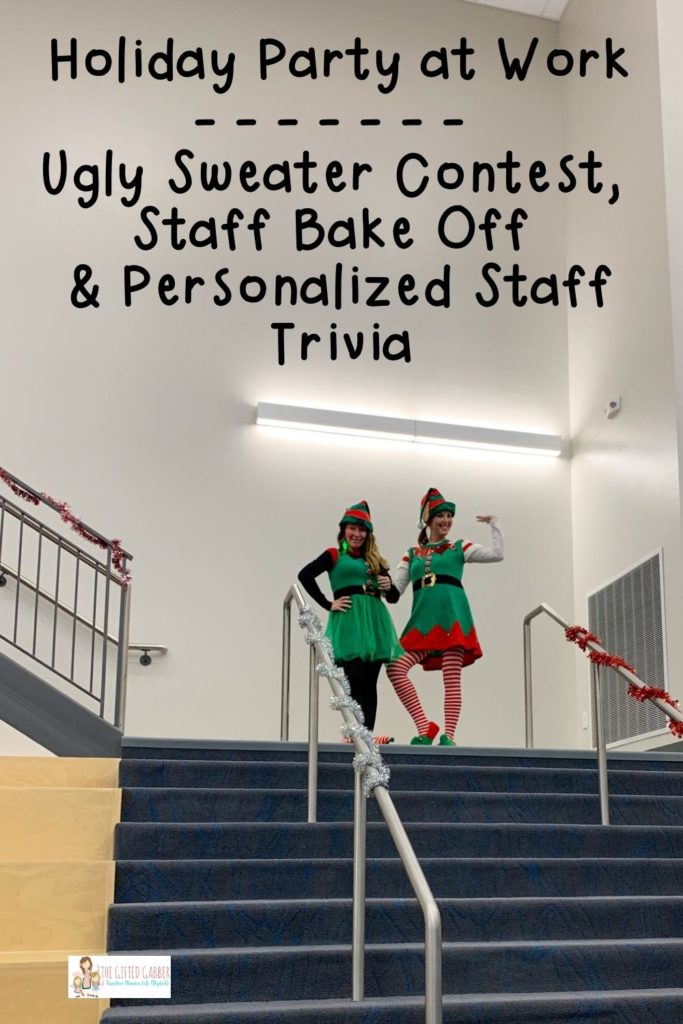 two women in an ugly Christmas sweater contest at work come down a flight of stairs in women's elf costumes