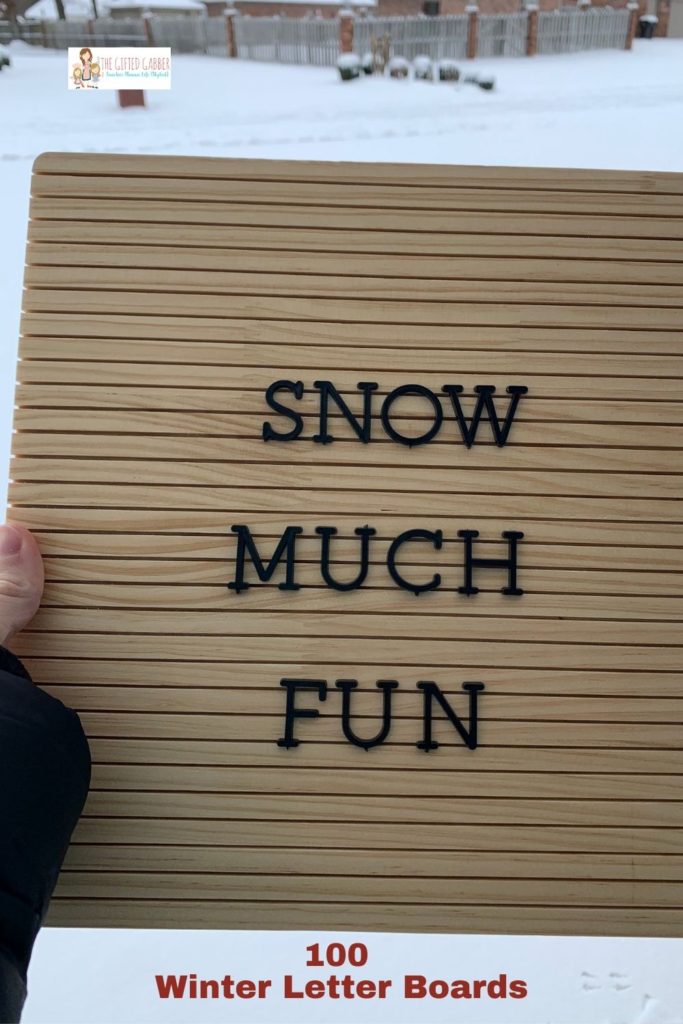 woman shows winter letter board ideas - Snow Much Fun quote - on brown letter board in yard of snow