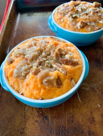 miniature portions of Ruth Chris sweet potato casserole on metal baking sheet