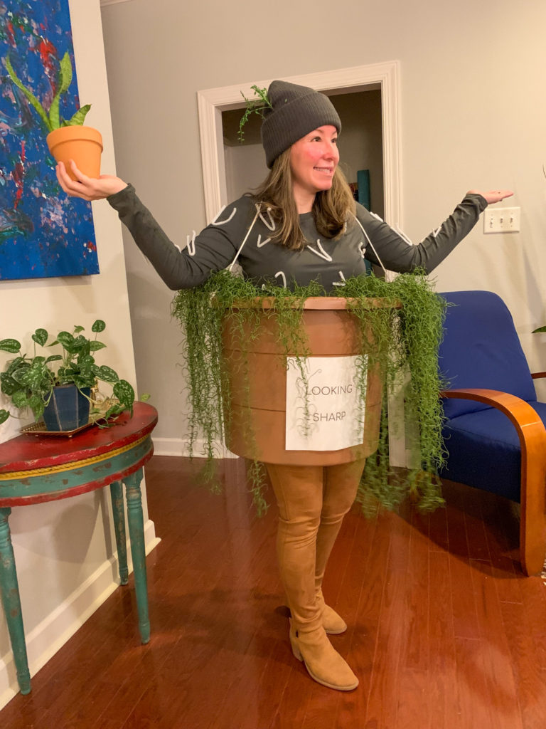 woman wearing potted cactus costume DIY as Earth Day costume idea or Halloween costume