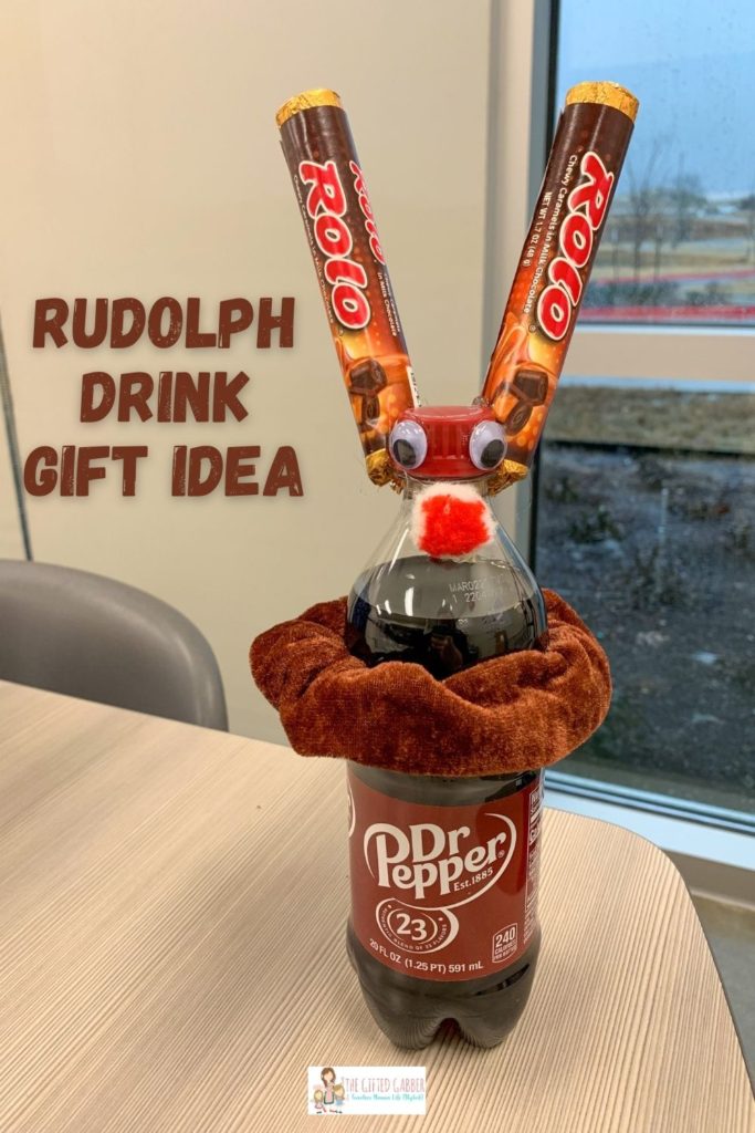 Rudolph drink gift soda bottle with Rolos antlers on table