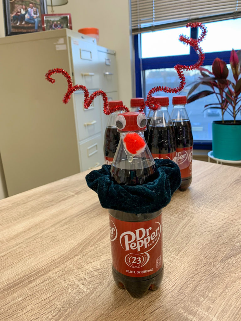 Rudolph Christmas soda bottle gift on desk