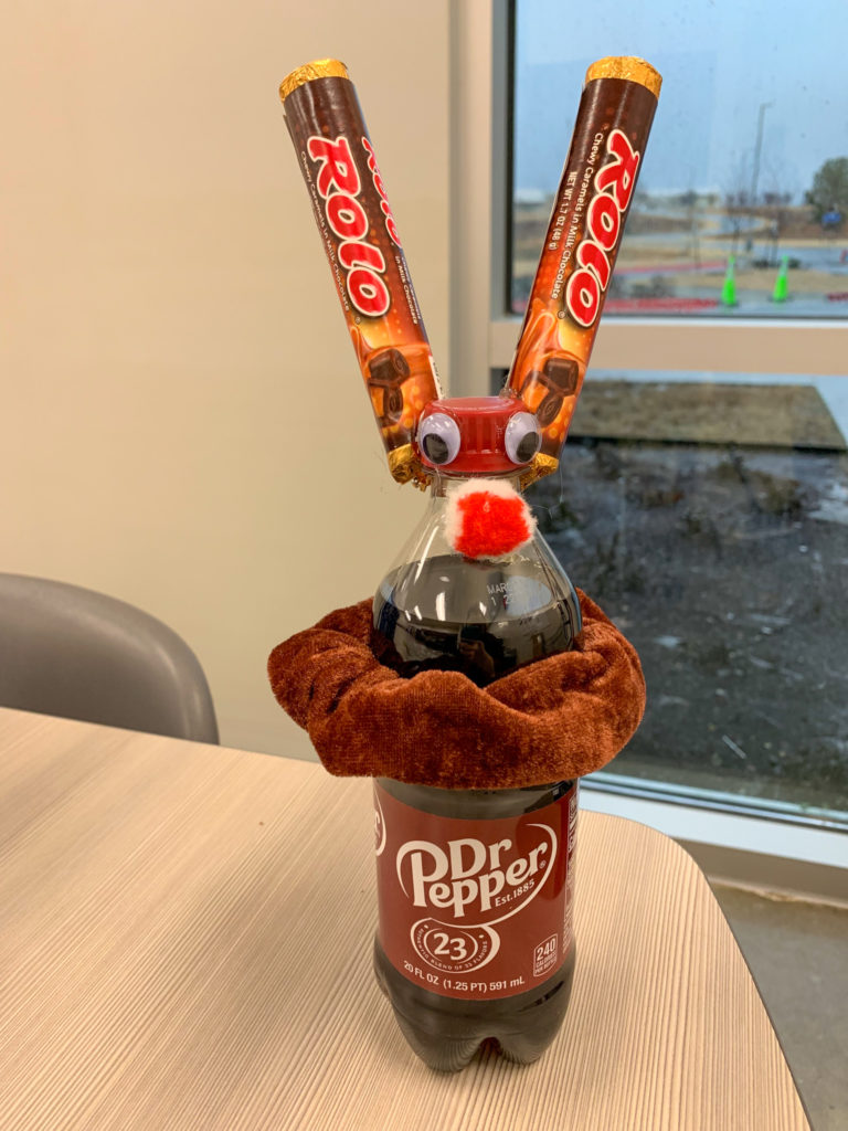 Rudolph Christmas drink gift on office table