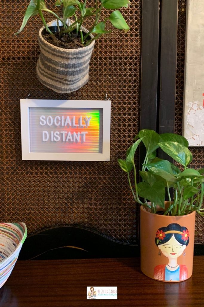 socially distant social distancing quotes letter board with plant in a Frida Kahlo pot