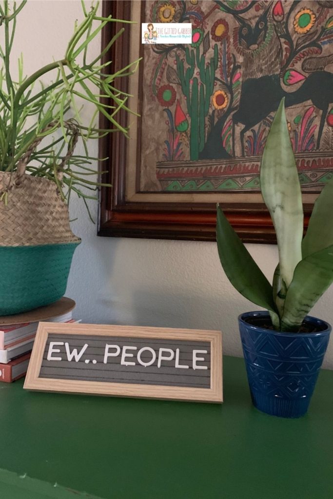 funny social distancing quote on small letter board on green cabinet with art and plants