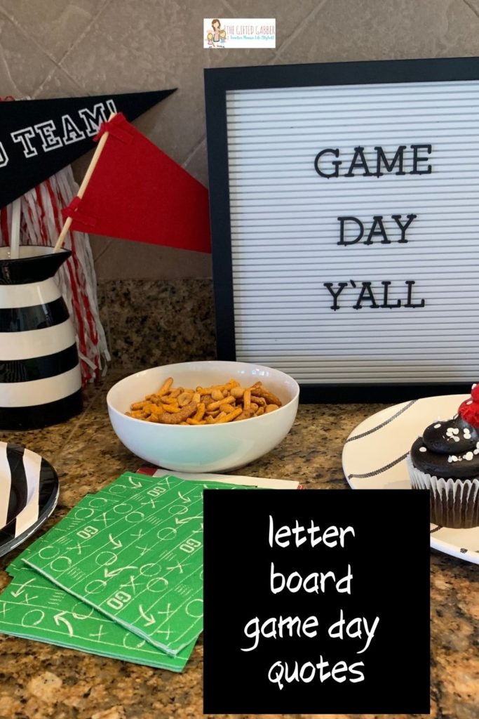 sports slogans on white letter boards at a Super Bowl party