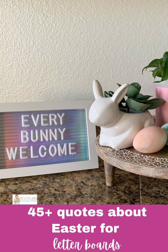 Every Bunny Welcome sign  with white bunny with succulent and egg to the side 