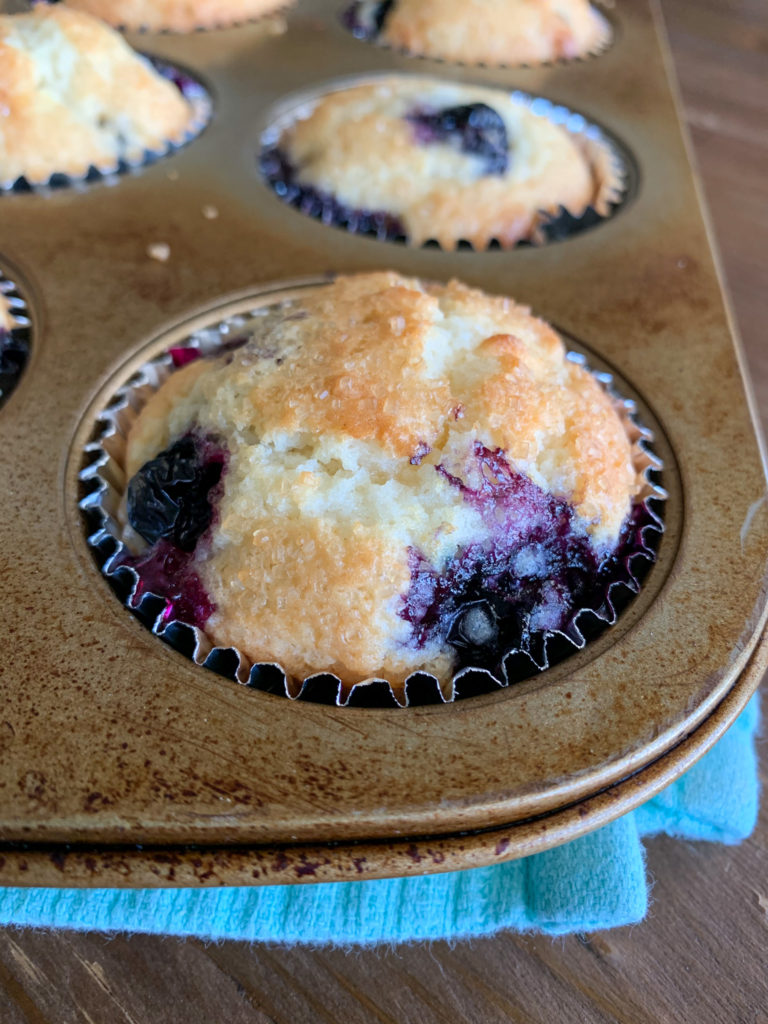 muffin tin of blueberry and white chocolate muffins on blue towel 