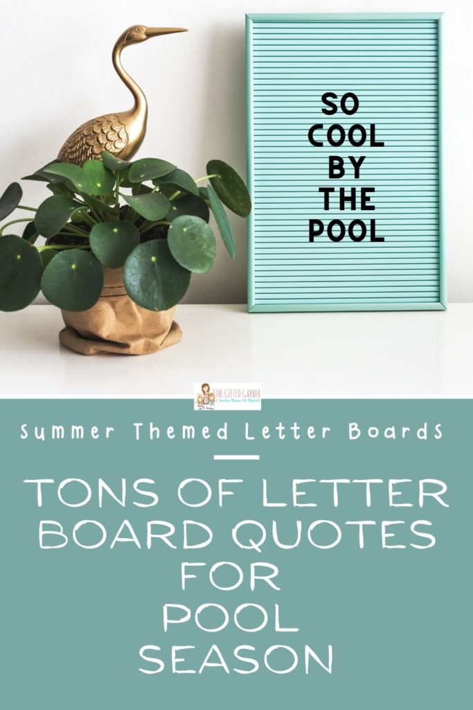 chill pool quotes on teal letter board with gold crane and plant beside