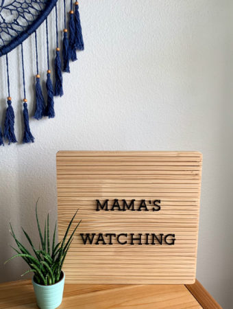 mom puns on wooden letter boards with small snake plant and macrame wall hanging