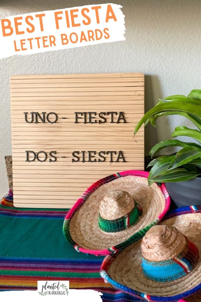 Cinco de Mayo quotes (or quotes about fiesta) on wooden letter board with small sombreros to the side