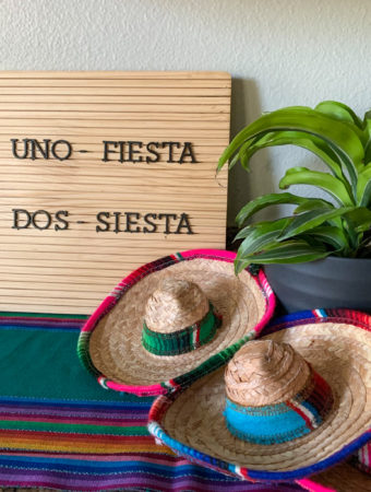 quotes about fiesta, Taco Tuesdays quotes or Cinco de Mayo quotes on wooden letter board with mini sombreros and corn plant to the right