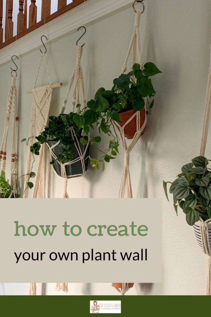 grey walls of plants hanging with s hooks on macrame planters with text overlay