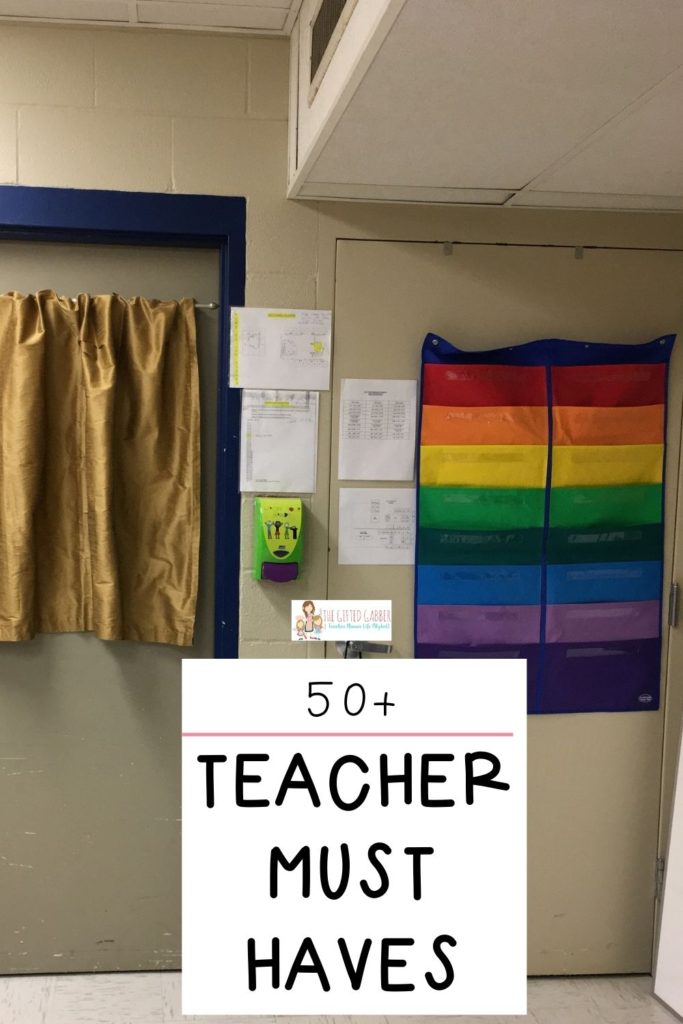 view of classroom door with teacher must haves from Amazon on display including a door curtain and wall organizer