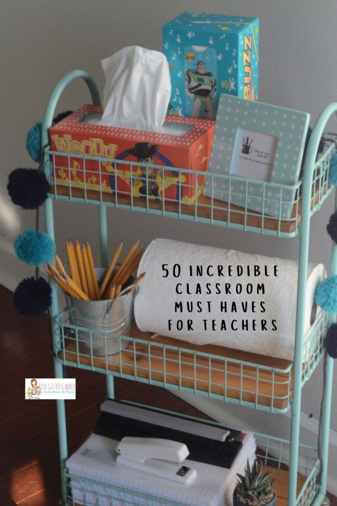 teal rolling classroom cart filled with supplies
