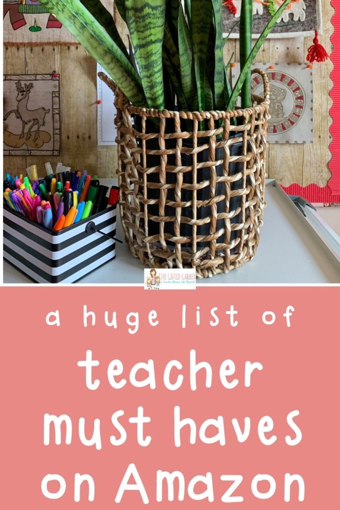 teacher must haves on classroom cabinet - metal caddy organizer with markers and a woven basket with a plant