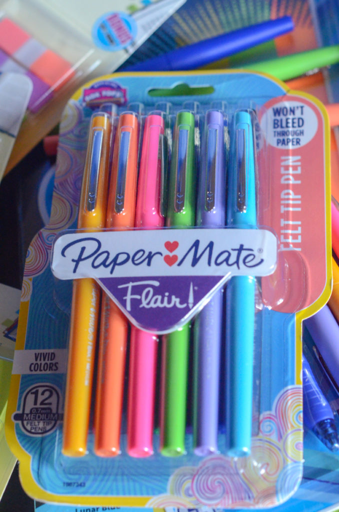 pack of colorful Flair pens as part of a collection of first year teacher must haves