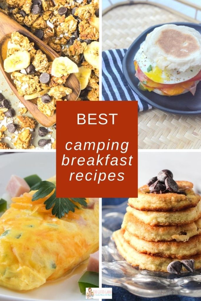 four breakfast foods for camping in a collage image with a red and white text overlay about food for camping