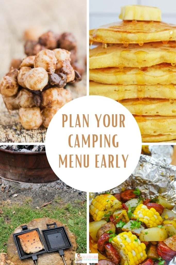 four recipes for cooking for campers - smores bites, savory griddle cakes, pie iron dessert, and hobo dinner with sausage and corn - in a collage image