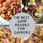 camping breakfast, camping desserts, and camping cooking recipes in a collage image with text overlay