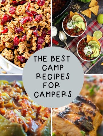 camping breakfast, camping desserts, and camping cooking recipes in a collage image with text overlay