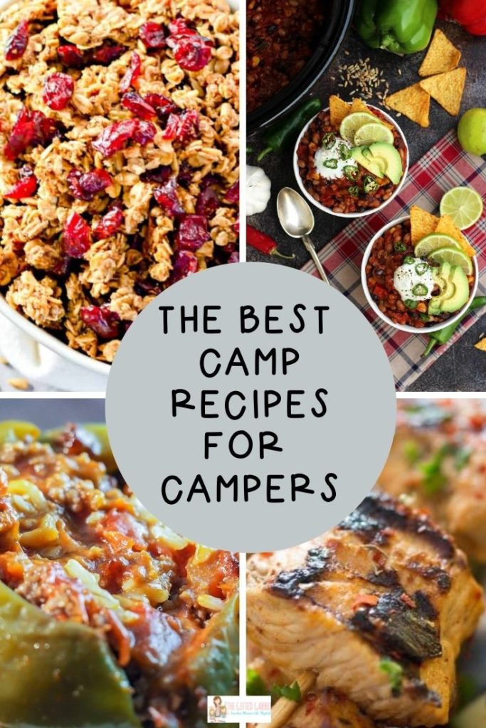 camper cooking recipes collage image with four camping food pictures of chili, granola, stuffed pepper and turkey kabab