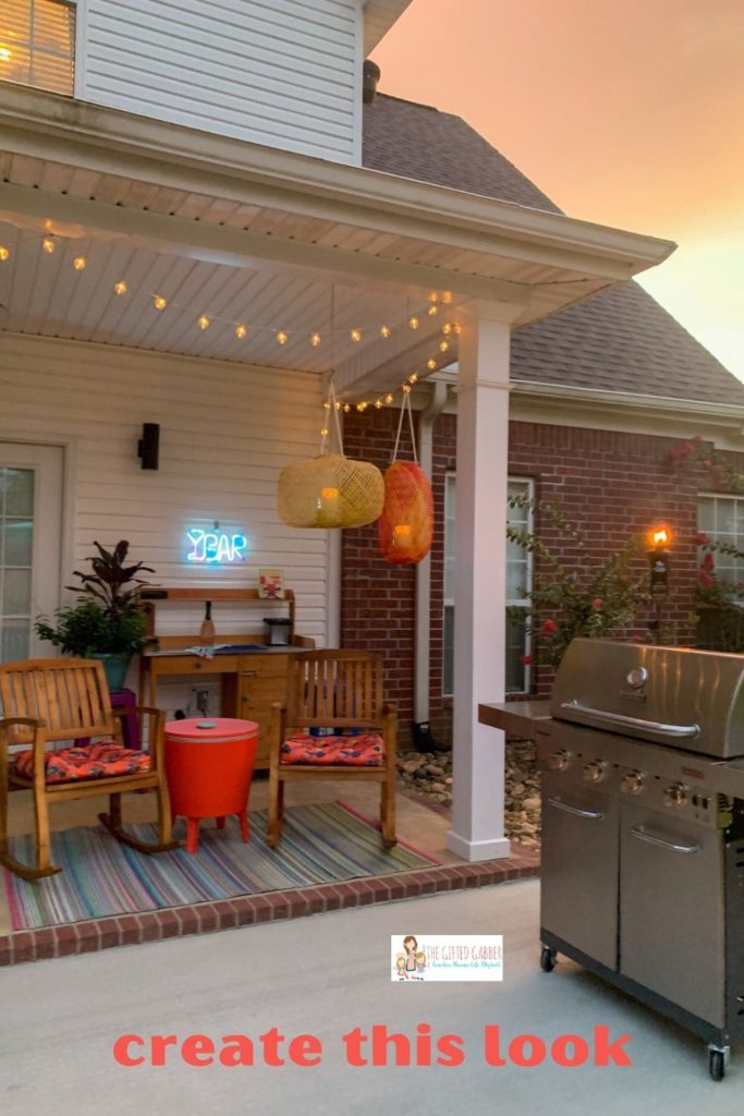 modern boho patio addition with Char broil grill and covered porch bar area