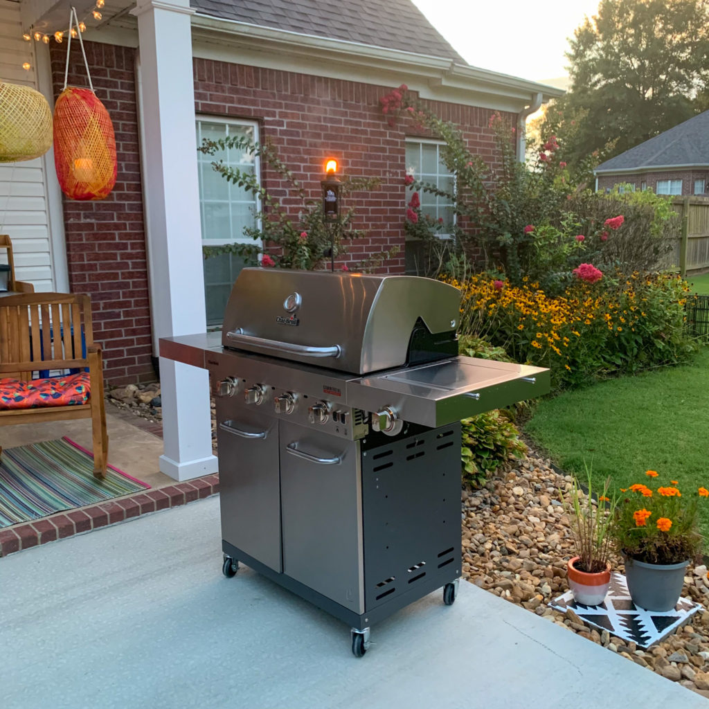 Char broil intrared grill on living space outdoor in backyard off of back porch