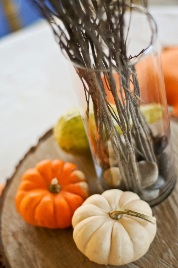 pumpkins surround a vase with rocks and twigs on top of a wood slab centerpiece at one of Little Rock Arkansas wedding venues
