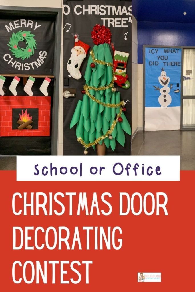 collage image of Christmas door decorations on three different classroom doors