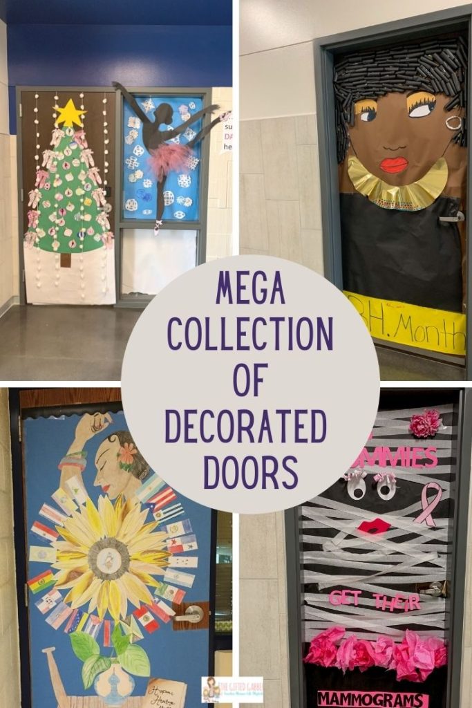 door decorating contest pictures in a collage with text overlay