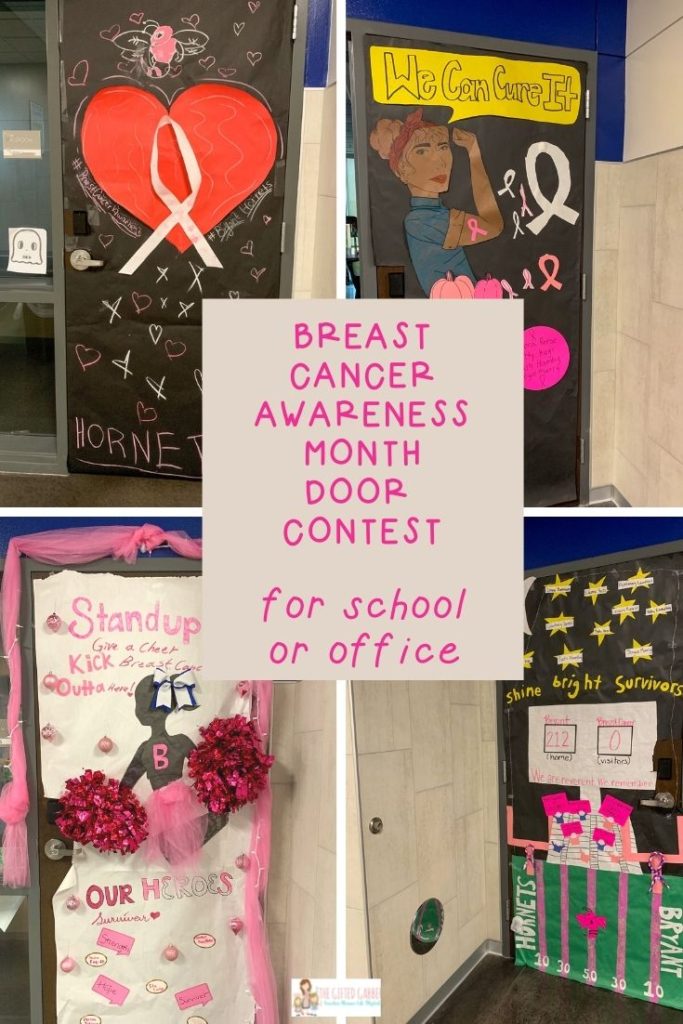 a collage image of four decorated classroom doors for Breast Cancer Awareness Month contest