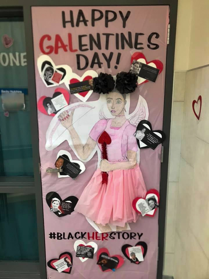 Black History Month classroom door with a coinciding Galentine's Day theme