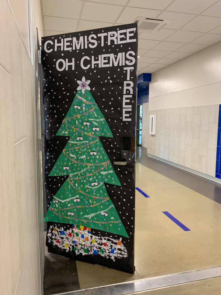 a classroom Chemistree door for a Christmas classroom door decoration contest