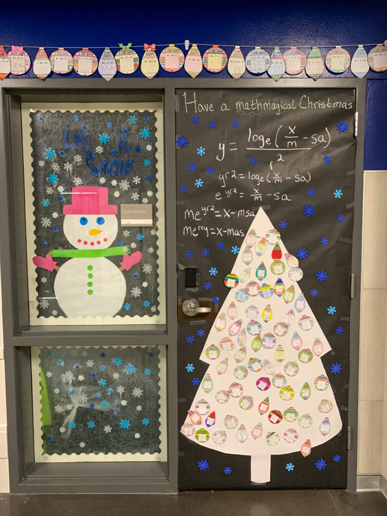 a math classroom door decorated with a math Christmas tree 