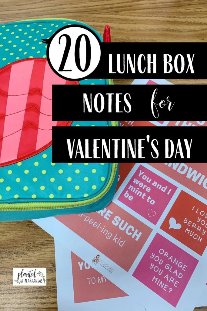 Valentine lunch box notes with blue lunch box and text overlay