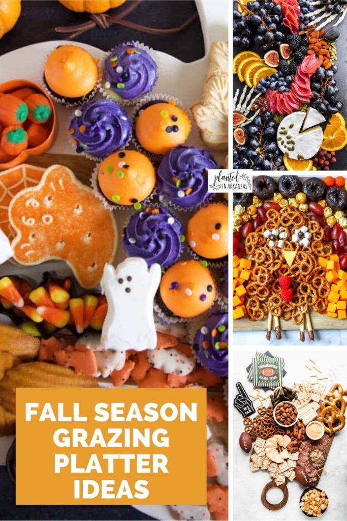 collage image of savory and sweet grazing platters - including two Halloween sweet grazing platters, one Thanksgiving grazing platter turkey shaped, and one game day grazing platter