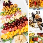 collage image of sweet grazing platters, Christmas tree charcuterie board, New Year's charcuterie board and turkey charcuterie board